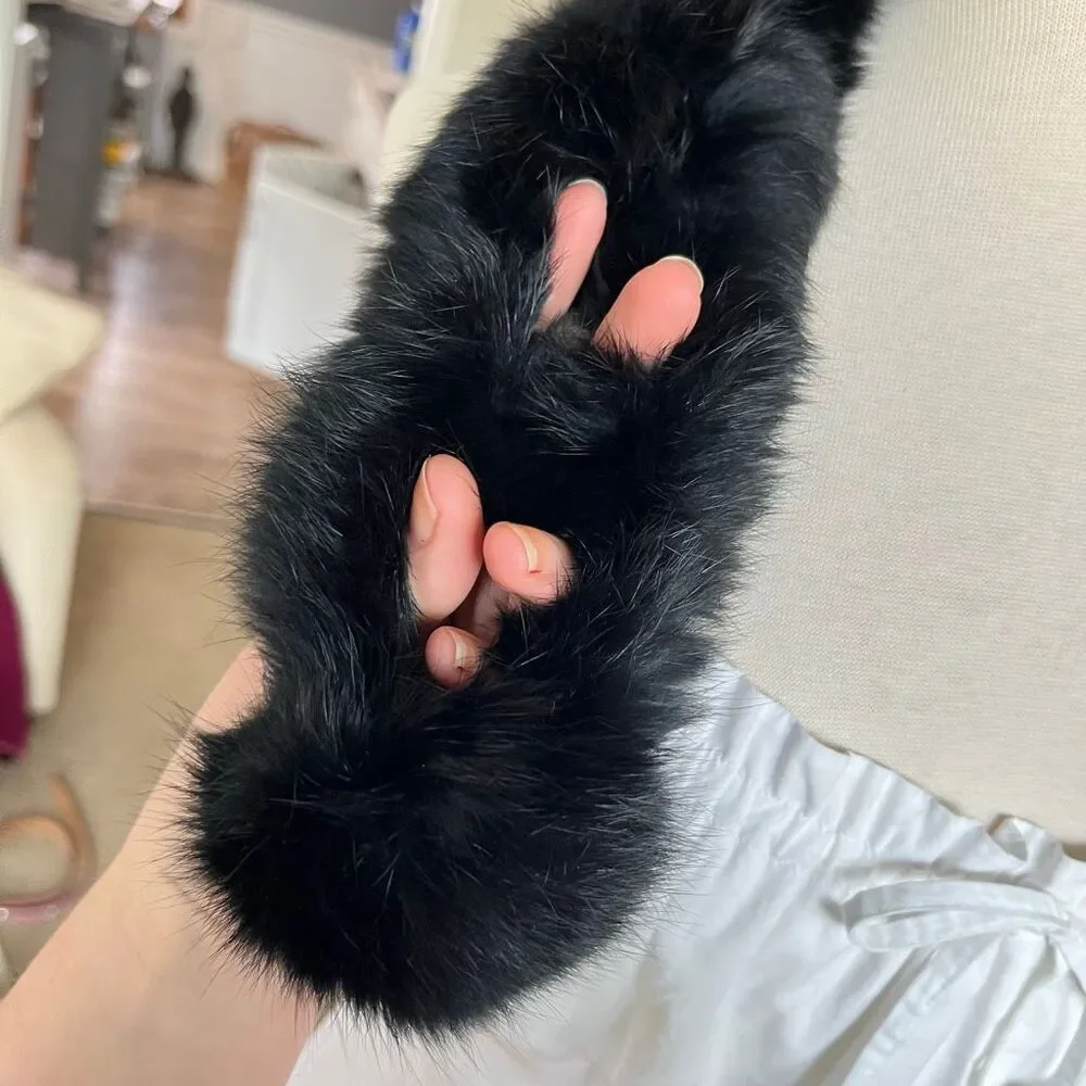 Rabbit Fur Scarf Black Pom Pom Collar Wrap Vintage Glam Statement